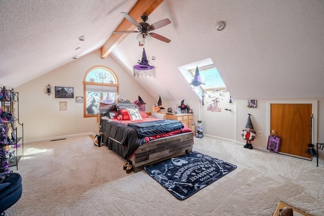 bedroom featuring carpet floors, vaulted ceiling with beams, a textured ceiling, and baseboards