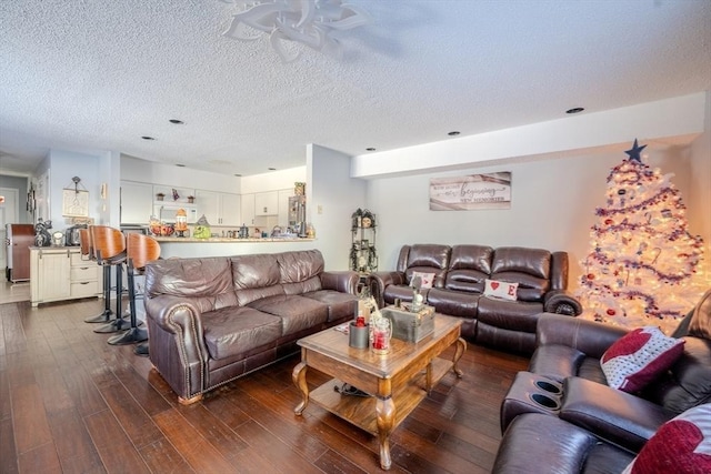 living room with dark wood finished floors and a textured ceiling