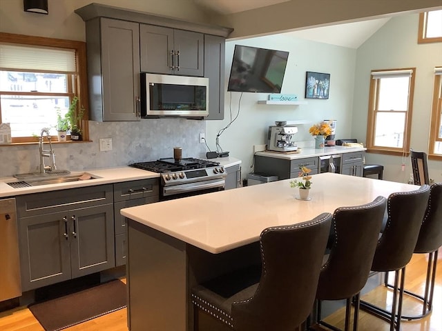 11 Dyer, Everett, MA 02149 - kitchen featuring appliances with stainless steel finishes, a sink, gray cabinetry, a breakfast bar, and light countertops