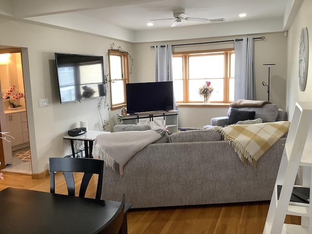 11 Dyer, Everett, MA 02149 - living room featuring light wood finished floors, a ceiling fan, and recessed lighting