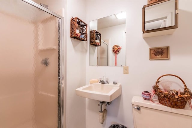 full bathroom with a stall shower, toilet, and a sink