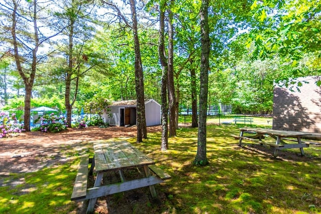 view of yard with an outdoor structure and a shed