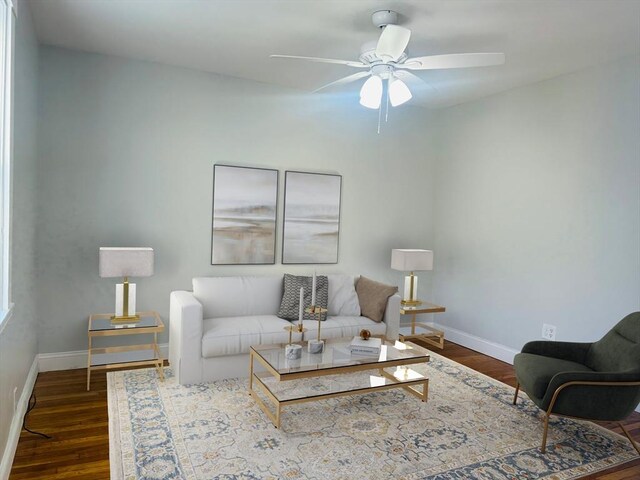 24 Fifield St, Boston, MA 02122 - living area featuring baseboards, a ceiling fan, and dark wood-type flooring