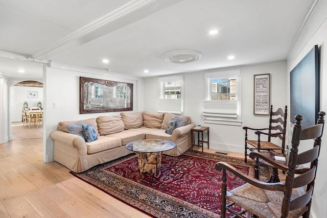 166 Water St Unit 166, Newburyport, MA 01950 - living room featuring arched walkways, light wood-style flooring, recessed lighting, and baseboards