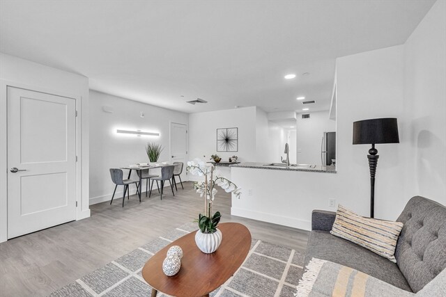 living room with light hardwood / wood-style flooring and sink