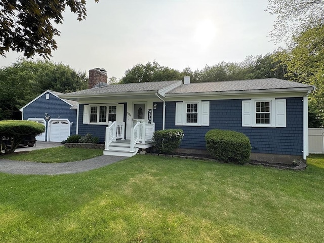 464 Church St, Raynham, MA 02767 - ranch-style house with a chimney, an attached garage, a front lawn, and a shingled roof