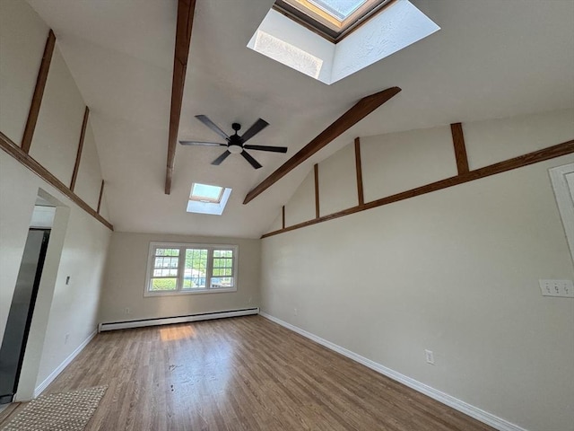 464 Church St, Raynham, MA 02767 - unfurnished room with a skylight, beam ceiling, a baseboard radiator, wood finished floors, and ceiling fan