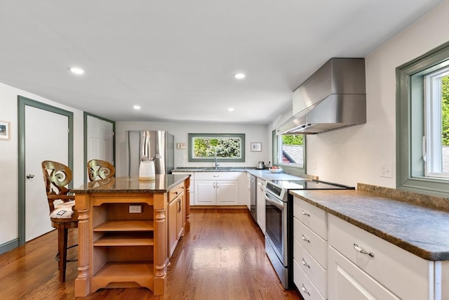 113 Bray St, Gloucester, MA 01930 - kitchen featuring appliances with stainless steel finishes, wall chimney exhaust hood, open shelves, dark wood-type flooring, and recessed lighting