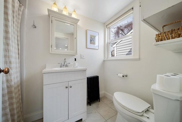 full bath with vanity, baseboards, radiator heating unit, toilet, and marble finish floor