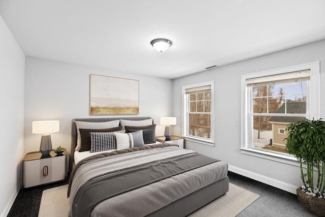 bedroom with carpet, visible vents, and baseboards