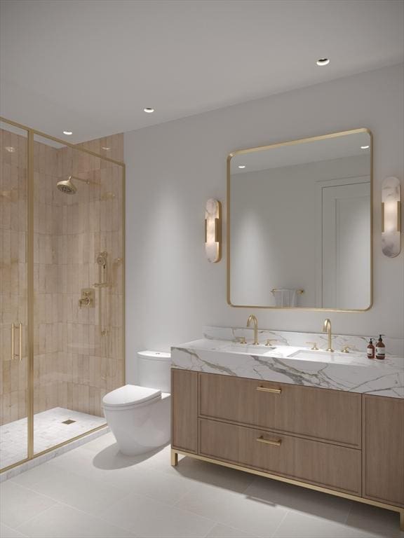 1114 Beacon St Unit 102, Newton, MA 02461 - bathroom with a shower stall, toilet, and double vanity