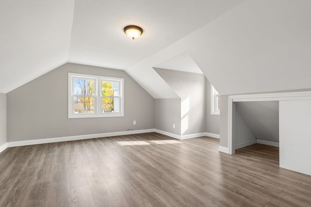 additional living space with hardwood / wood-style floors and lofted ceiling