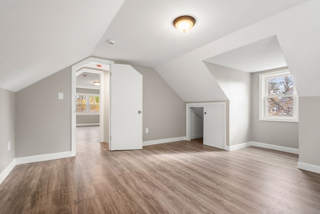 additional living space with light hardwood / wood-style floors, a healthy amount of sunlight, and vaulted ceiling