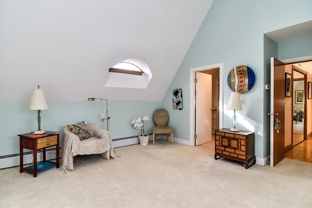 living area with baseboard heating, lofted ceiling with skylight, and carpet floors