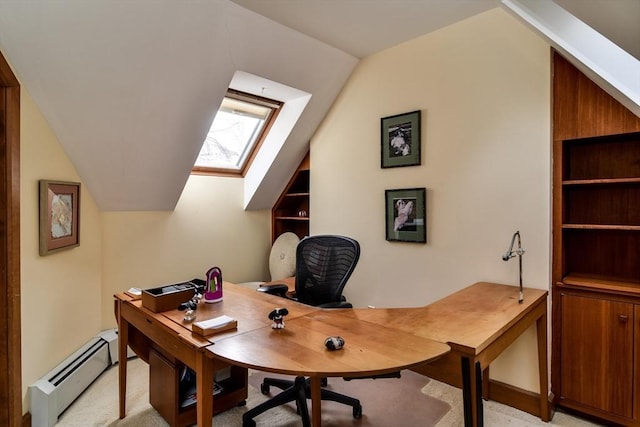 carpeted office featuring a baseboard radiator and vaulted ceiling