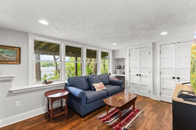 192 Furnace Ln, Pembroke, MA 02359 - living area featuring dark wood-style flooring, baseboards, a textured ceiling, and recessed lighting