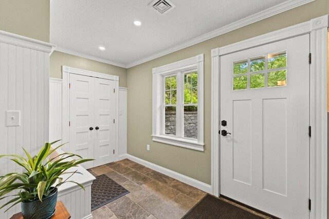 192 Furnace Ln, Pembroke, MA 02359 - foyer featuring baseboards, stone tile floors, crown molding, and recessed lighting
