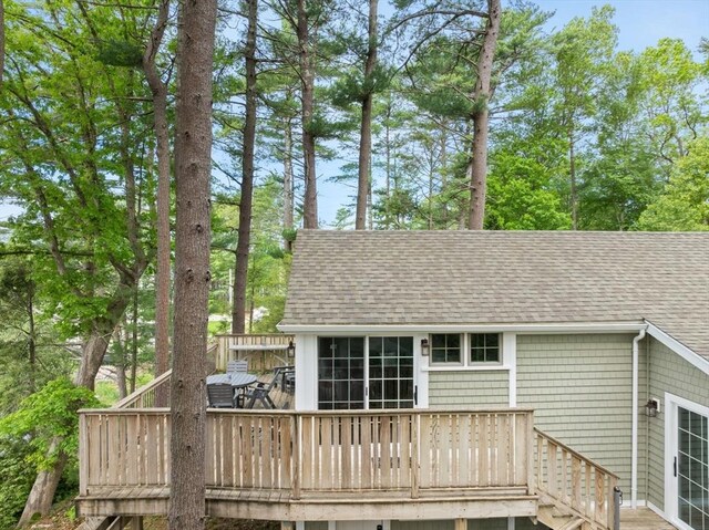 192 Furnace Ln, Pembroke, MA 02359 - rear view of house with roof with shingles and a wooden deck