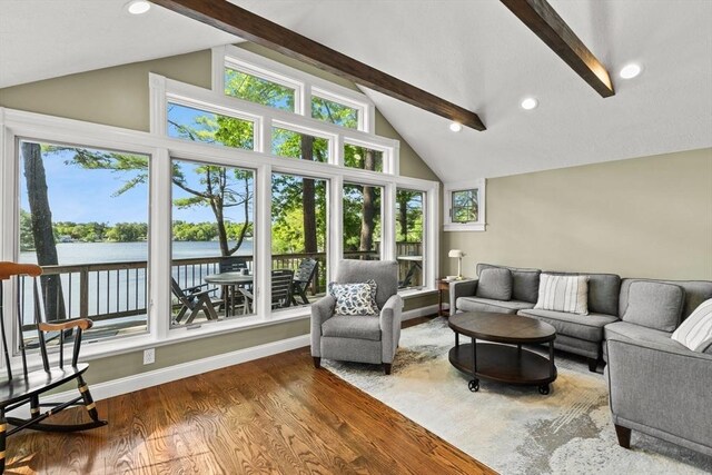 192 Furnace Ln, Pembroke, MA 02359 - living area with beam ceiling, high vaulted ceiling, wood finished floors, a water view, and recessed lighting