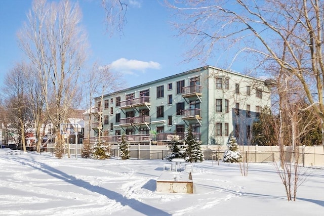 view of snow covered building