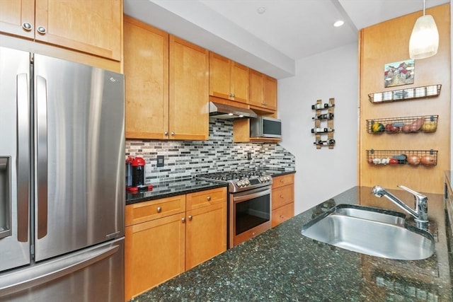 kitchen featuring appliances with stainless steel finishes, exhaust hood, decorative light fixtures, decorative backsplash, and sink