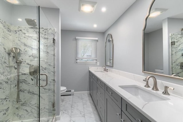 150 Gore Rd, Revere, MA 02151 - bathroom with marble look tile flooring, double vanity, a marble finish shower, a baseboard heating unit, and recessed lighting