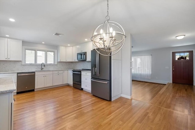 150 Gore Rd, Revere, MA 02151 - kitchen with stainless steel appliances, a chandelier, tasteful backsplash, white cabinetry, and light wood-type flooring