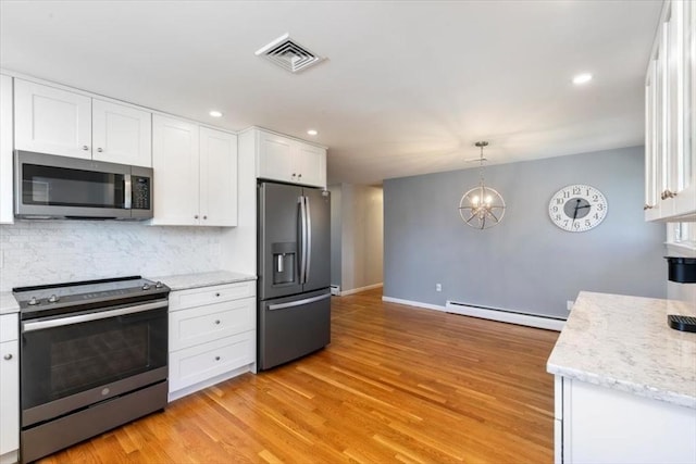 150 Gore Rd, Revere, MA 02151 - kitchen featuring stainless steel appliances, a baseboard radiator, white cabinetry, tasteful backsplash, and recessed lighting