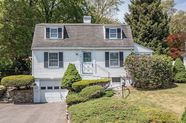 12 Bay State Rd, Natick, MA 01760 - dutch colonial featuring a garage, concrete driveway, a front lawn, and a chimney