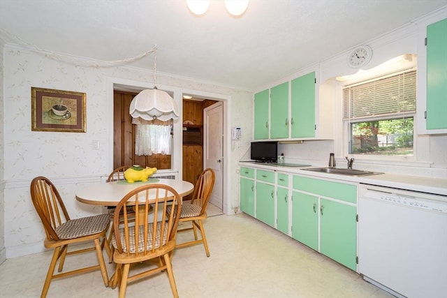 12 Bay State Rd, Natick, MA 01760 - kitchen featuring dishwasher, a sink, wallpapered walls, light floors, and crown molding