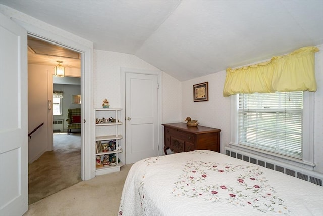 12 Bay State Rd, Natick, MA 01760 - bedroom featuring light carpet, vaulted ceiling, radiator heating unit, and multiple windows