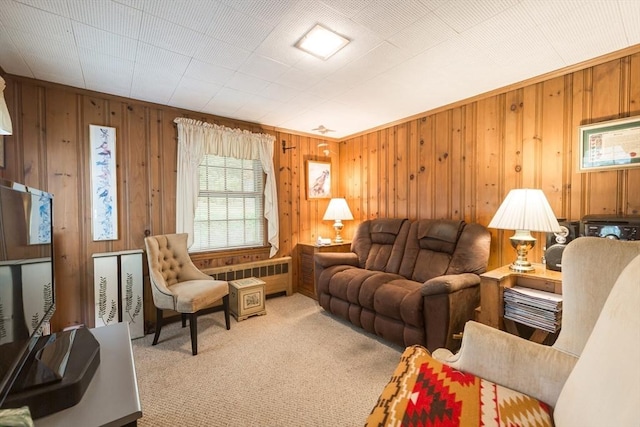 12 Bay State Rd, Natick, MA 01760 - living room featuring radiator, carpet flooring, and wooden walls