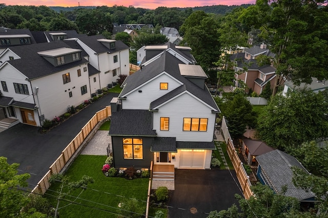 view of aerial view at dusk