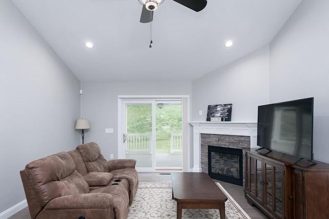 10 Soucy Dr Unit 10, Rutland, MA 01543 - living room featuring ceiling fan, wood finished floors, a stone fireplace, recessed lighting, and vaulted ceiling