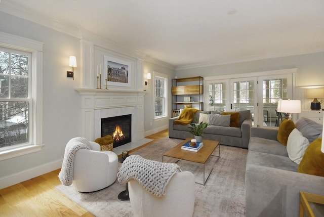 living room with baseboards, wood finished floors, a fireplace, and ornamental molding