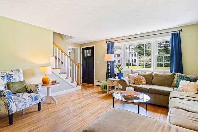 21 Boutwell, Andover, MA 01810 - living area featuring wood finished floors, stairs, and a baseboard radiator
