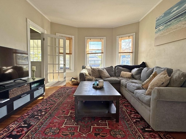 living area featuring crown molding and wood finished floors