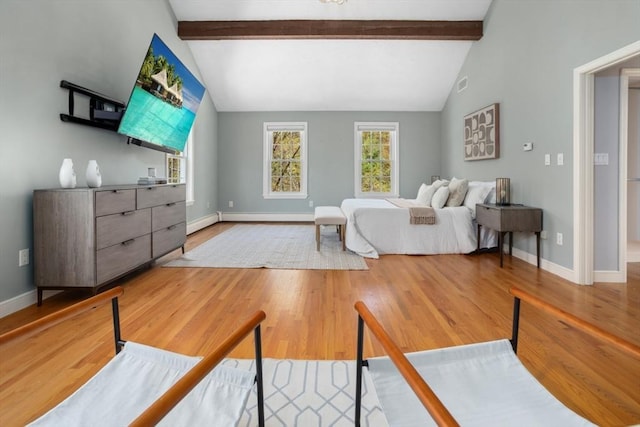 bedroom featuring baseboards, lofted ceiling with beams, visible vents, and wood finished floors