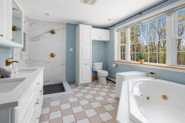 full bathroom featuring a sink, toilet, visible vents, a baseboard radiator, and a jetted tub