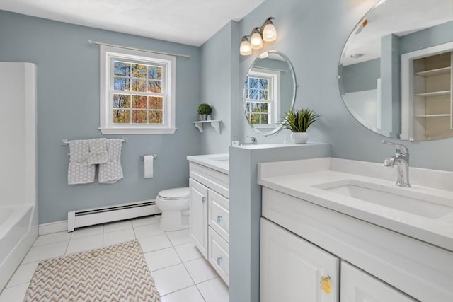 full bath featuring toilet, tile patterned floors, baseboard heating, a washtub, and vanity