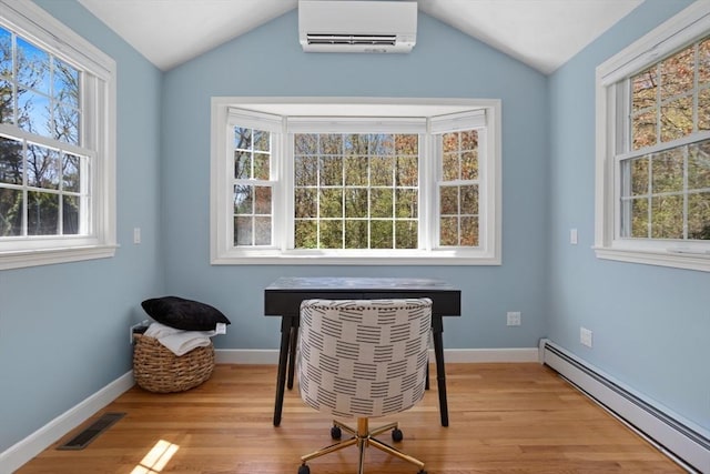 living area with lofted ceiling, a wall mounted AC, visible vents, and a baseboard heating unit