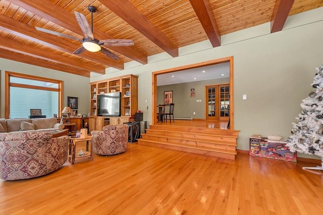 living area featuring light wood-type flooring, wooden ceiling, and a ceiling fan