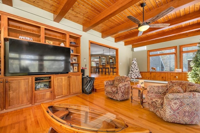 living room with an AC wall unit, wood ceiling, and light wood-style floors