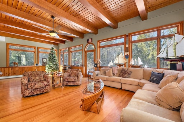 living room featuring wood ceiling, beam ceiling, a ceiling fan, and wood finished floors