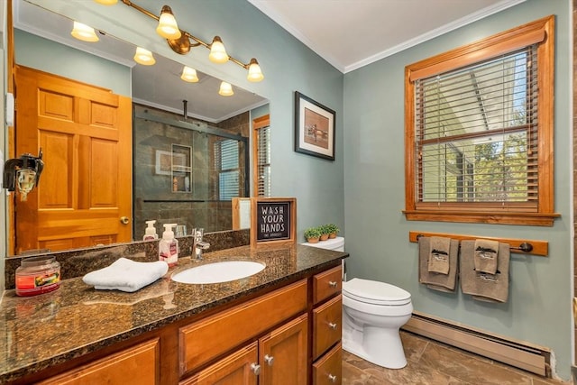 full bath featuring crown molding, toilet, a baseboard heating unit, a stall shower, and vanity