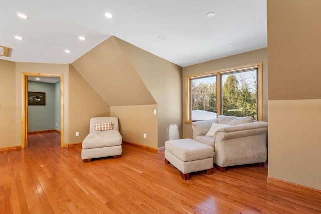 sitting room with recessed lighting, light wood-style flooring, and baseboards