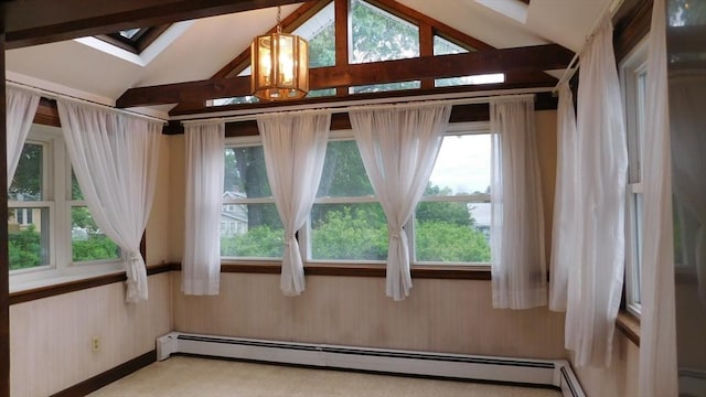 414 Cedar St, Dedham, MA 02026 - spare room with baseboard heating, a skylight, a baseboard radiator, and a chandelier