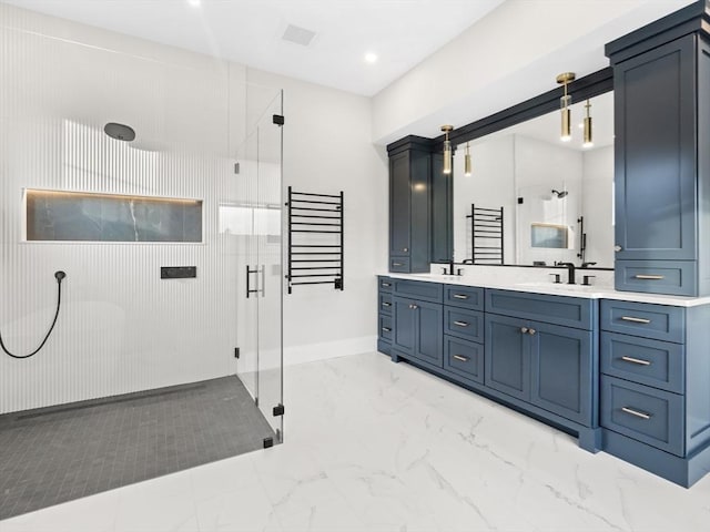 108 Glen St, Natick, MA 01760 - bathroom with a stall shower, marble look tile flooring, double vanity, and baseboards