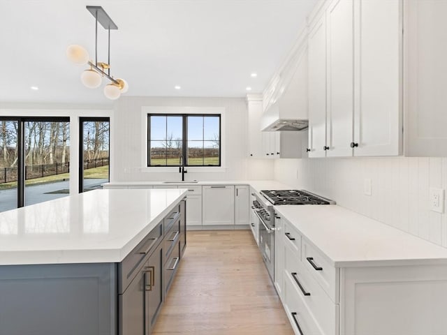 108 Glen St, Natick, MA 01760 - kitchen featuring gray cabinets, a sink, light wood finished floors, decorative backsplash, and recessed lighting