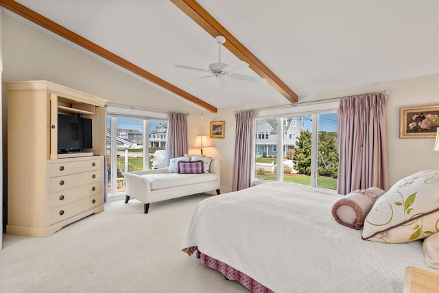 carpeted bedroom featuring ceiling fan and access to outside